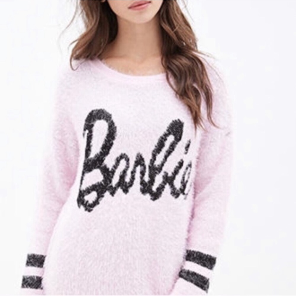 Barbie Graphic Baby Pink Eyelash Fur Crew Neck Sweater Forever 21
